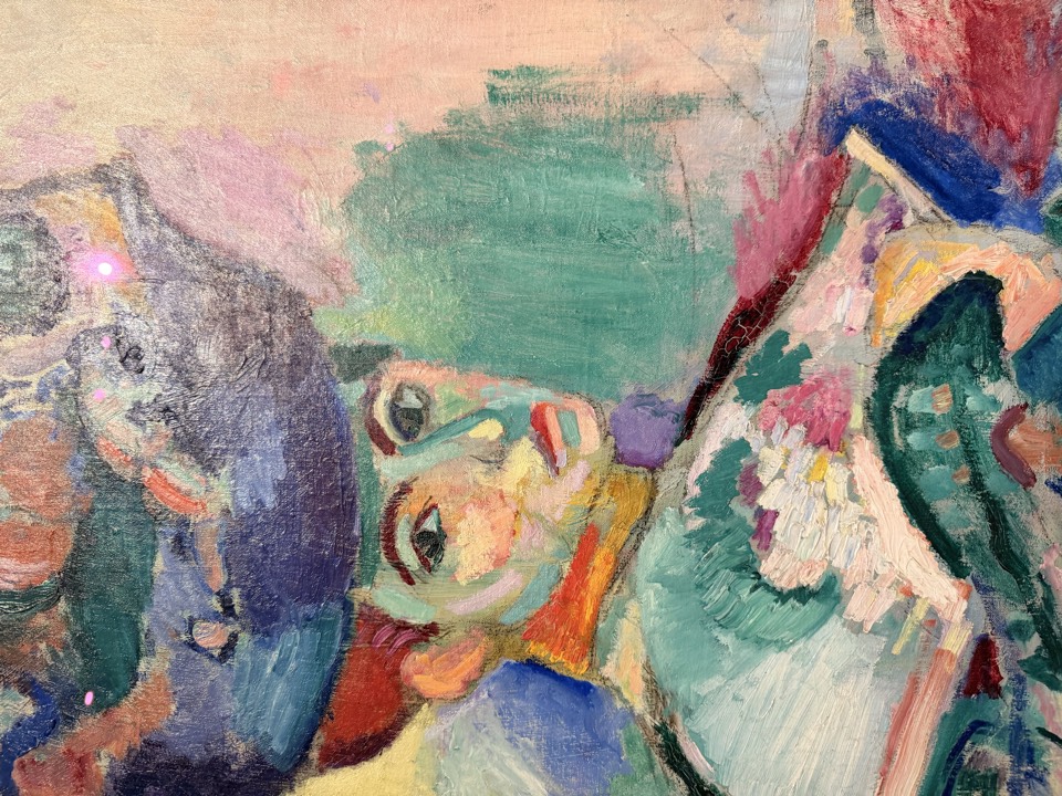 Walk closer and it gets blunter: the green running down her nose, the unmixed cheek, the fan that’s a dozen strokes pretending. Now step back. She’s looking at you again.