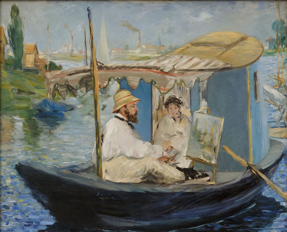 Édouard Manet, Monet Painting on His Studio Boat, 1874. The vibe, documented by his rival. Note the factory smokestacks upriver, keeping the supply chain in frame.